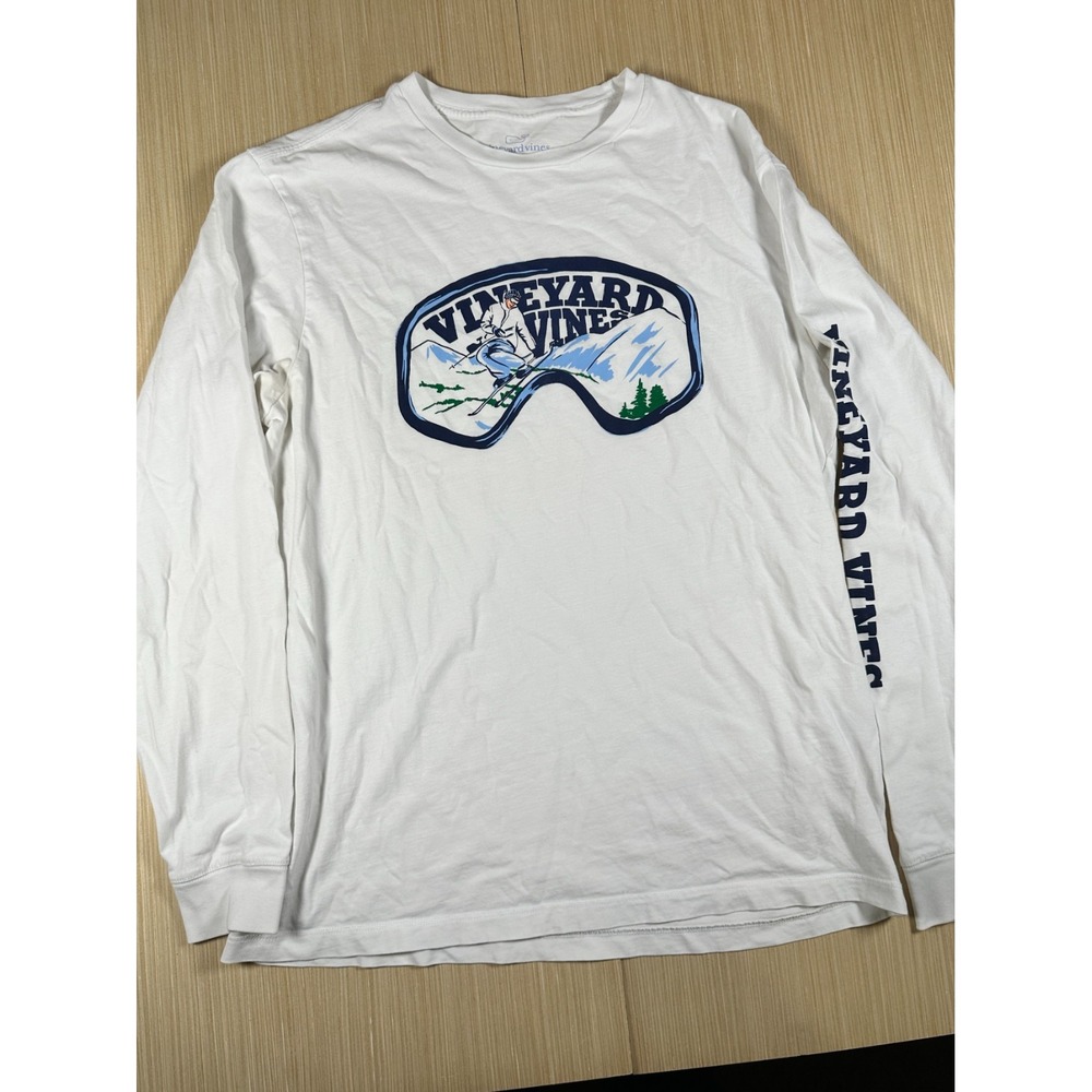 Vineyard Vines Shirt Mens Medium Gray Cotton Ski Goggles Spell Out Graphic Print